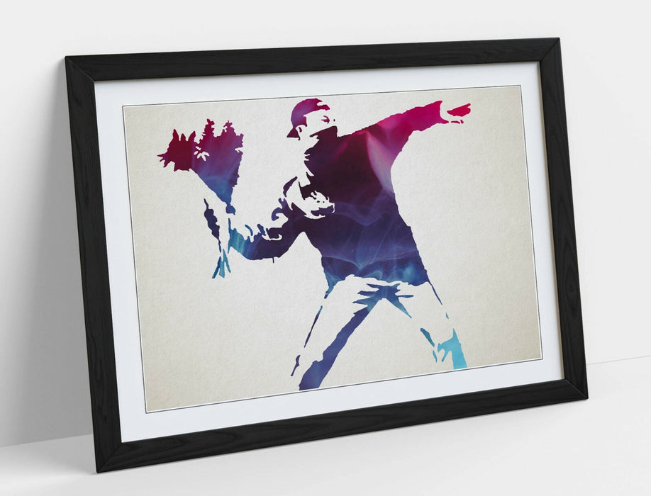 BANKSY, FLOWER THROWER PURPLE BLUE -FRAMED WALL ART PICTURE PRINT