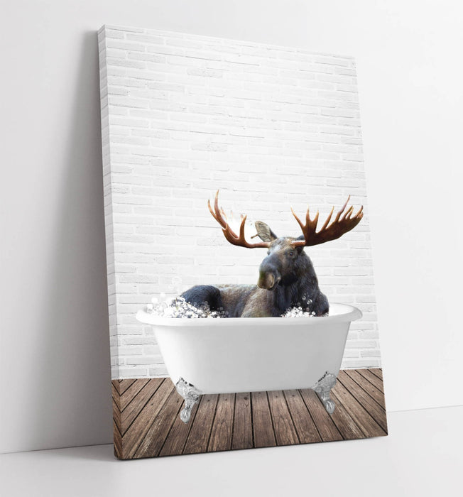 MOOSE IN BATHTUB -QUIRKY CANVAS WALL ART PRINT ARTWORK ANIMAL FRAMED BATHROOM