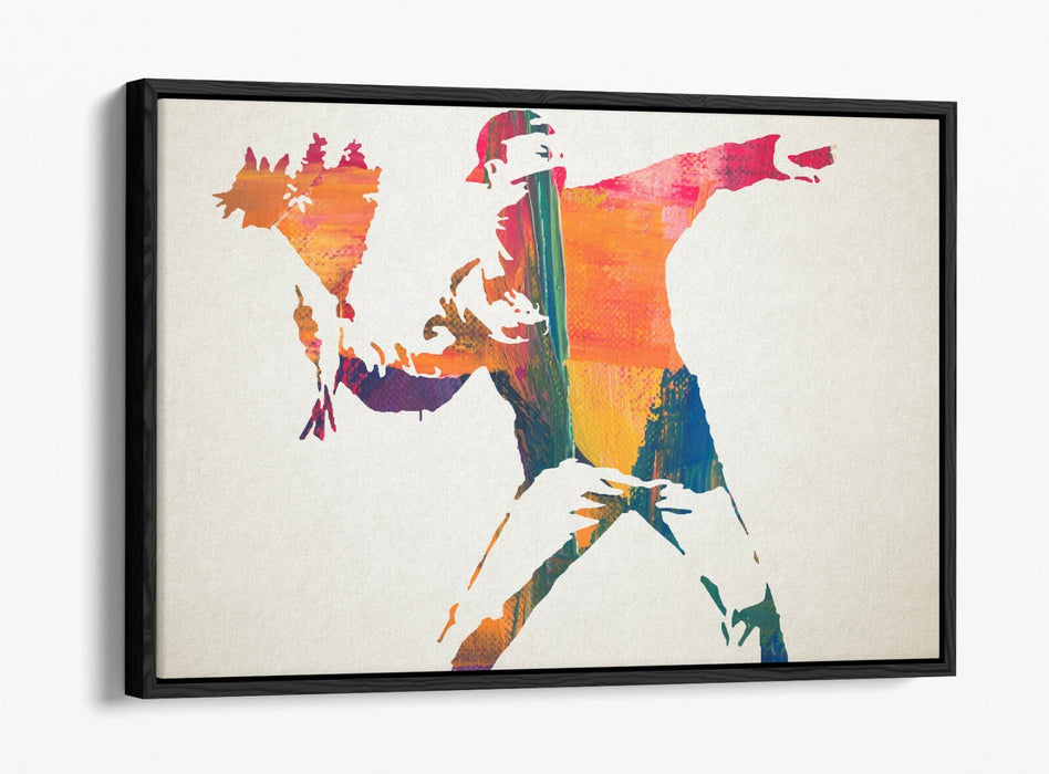 BANKSY, FLOWER THROWER RAINBOW PAINT -FLOAT EFFECT CANVAS WALL ART PRINT