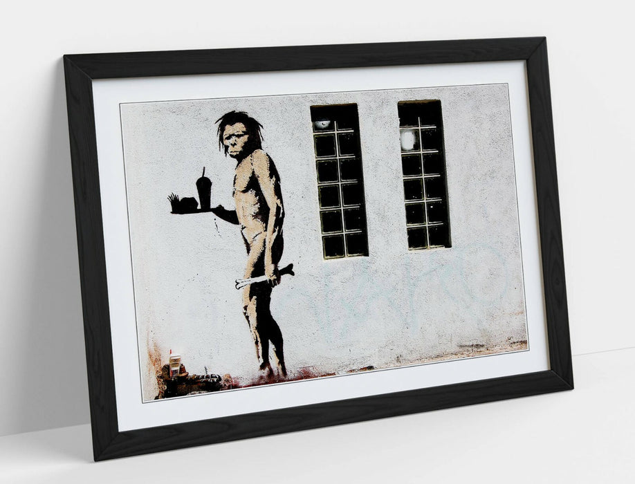 BANKSY FAST FOOD CAVEMAN -ART FRAMED POSTER PICTURE PRINT ARTWORK- GREY BLACK