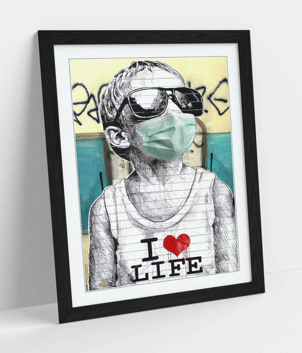BANKSY I HEART LIFE BOY MASK -FRAMED POSTER WALL ART PRINT ARTWORK- BLUE GREY