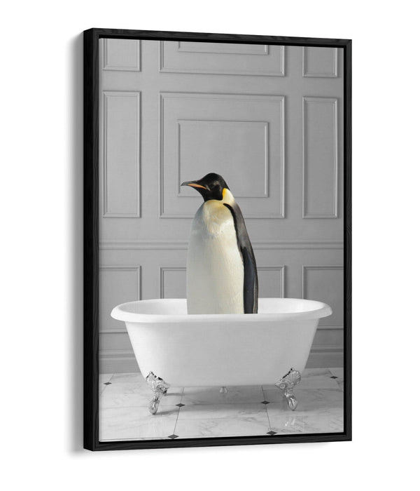 PENGUIN IN BATHTUB -QUIRKY BATHROOM FLOAT EFFECT CANVAS WALL ART PRINT