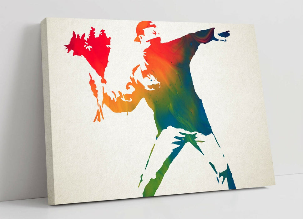 BANKSY, FLOWER THROWER RAINBOW -CANVAS WALL ART PRINT ARTWORK FRAMED