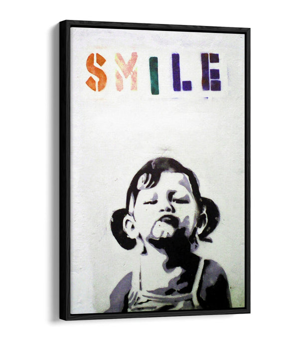 BANKSY SMILE -FLOAT EFFECT CANVAS WALL ART PIC PRINT- BLACK & WHITE