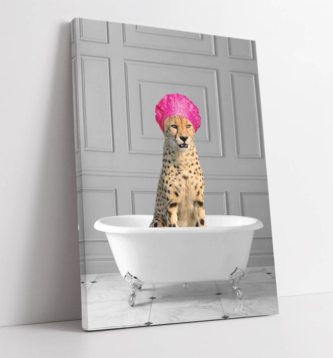 FUNNY CHEETAH IN BATHTUB -CANVAS WALL ART PRINT ARTWORK ANIMAL FRAMED BATHROOM