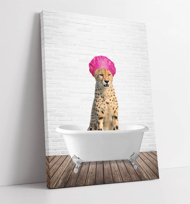 FUNNY CHEETAH IN BATHTUB -CANVAS WALL ART PRINT ARTWORK ANIMAL FRAMED BATHROOM