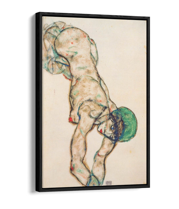 EGON SCHIELE, FEMALE NUDE WITH GREEN HOOD-FLOAT EFFECT CANVAS WALL ART PIC PRINT