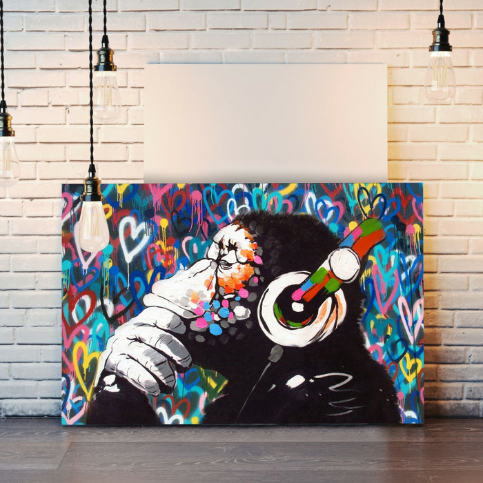 MONKEY DJ BANKSY LOVE WALL CANVAS STREET ART PICTURE PRINT FRAMED - GORILLA