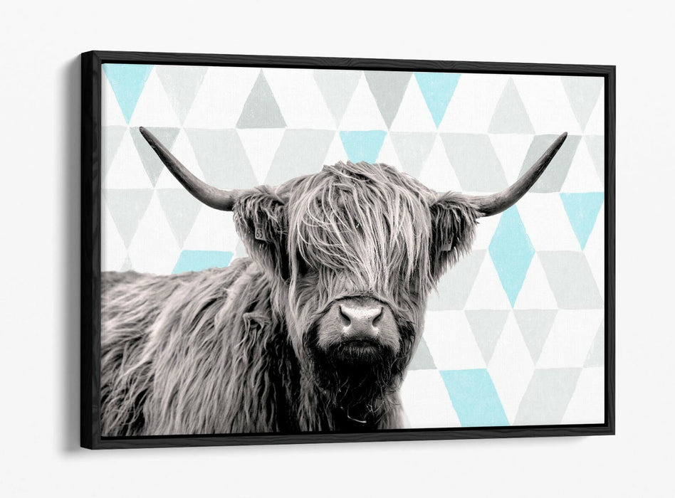 HIGHLAND COW TURQOISE GEOMETRIC LIGHT -FLOAT EFFECT CANVAS WALL ART PIC PRINT
