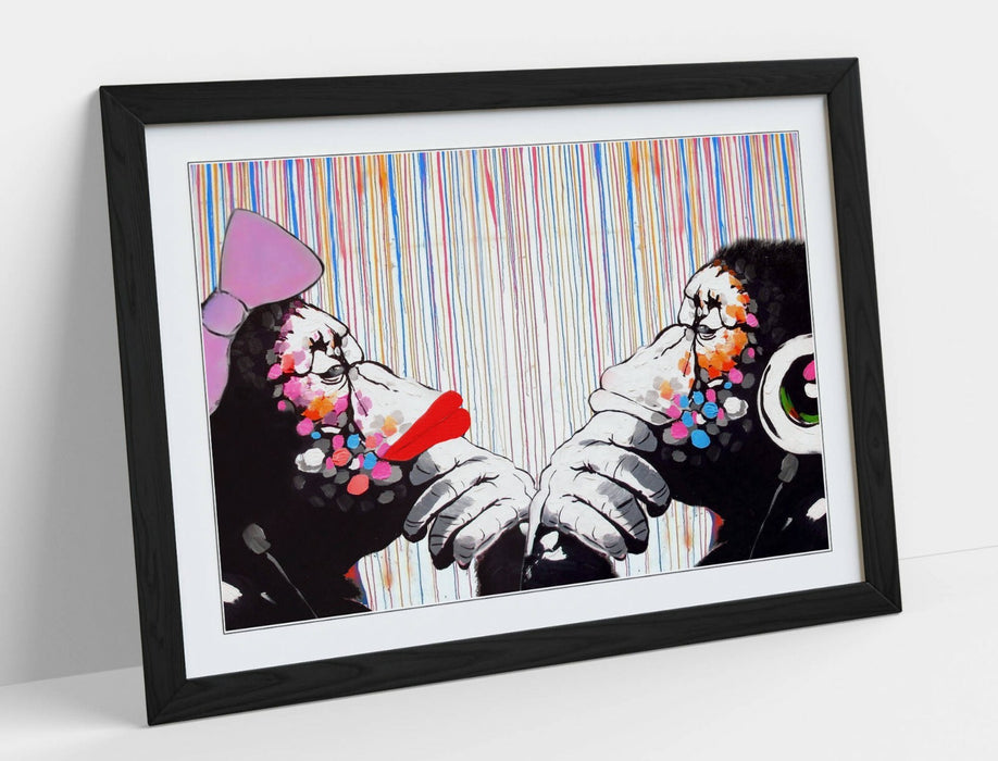 BANKSY DJ MONKEY THINKERS DUO COLOUR RAIN -FRAMED POSTER WALL ART PRINT ARTWORK