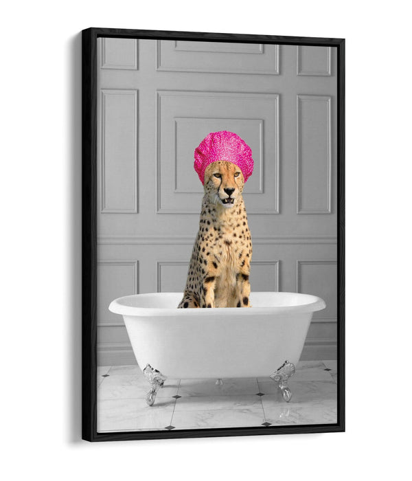 FUNNY CHEETAH IN BATHTUB -QUIRKY BATHROOM FLOAT EFFECT CANVAS WALL ART PIC PRINT