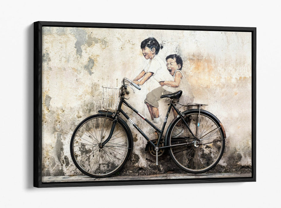 KIDS ON BIKE -FLOAT EFFECT CANVAS WALL ART PIC PRINT- BEIGE GREY BLACK