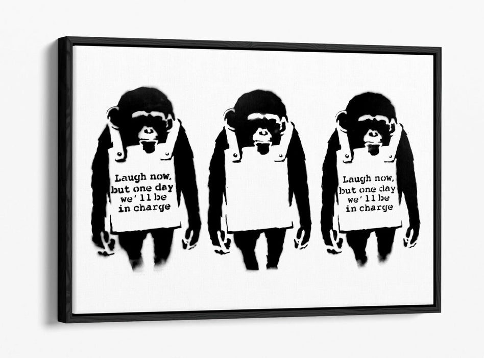 BANKSY LAUGH NOW -FLOAT EFFECT CANVAS WALL ART PIC PRINT- BLACK & WHITE