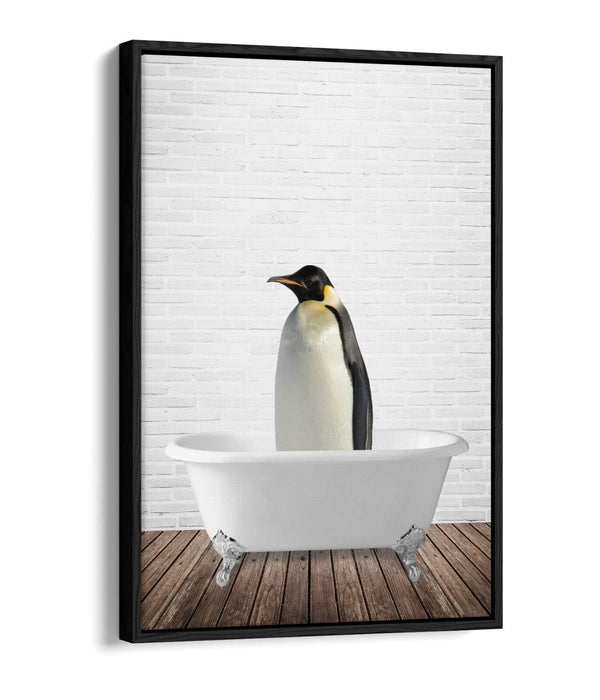 PENGUIN IN BATHTUB -QUIRKY BATHROOM FLOAT EFFECT CANVAS WALL ART PRINT
