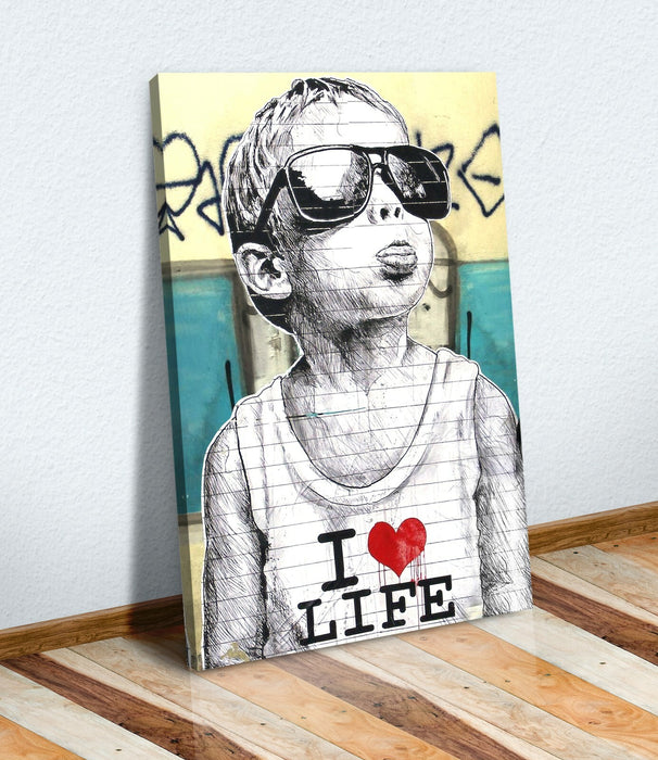 BANKSY I LOVE LIFE BOY CANVAS STREET WALL ART PRINT ARTWORK YELLOW TEAL
