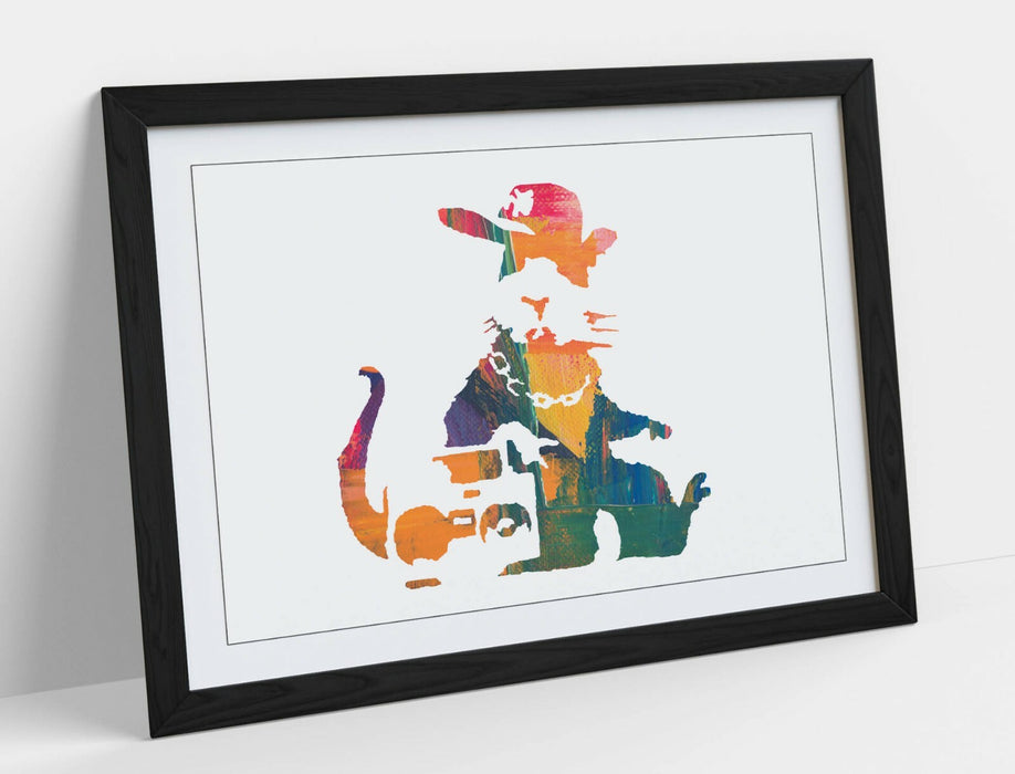 BANKSY, GANGSTA RAT RAINBOW PAINT EFFECT ART -FRAMED WALL ART PICTURE PRINT