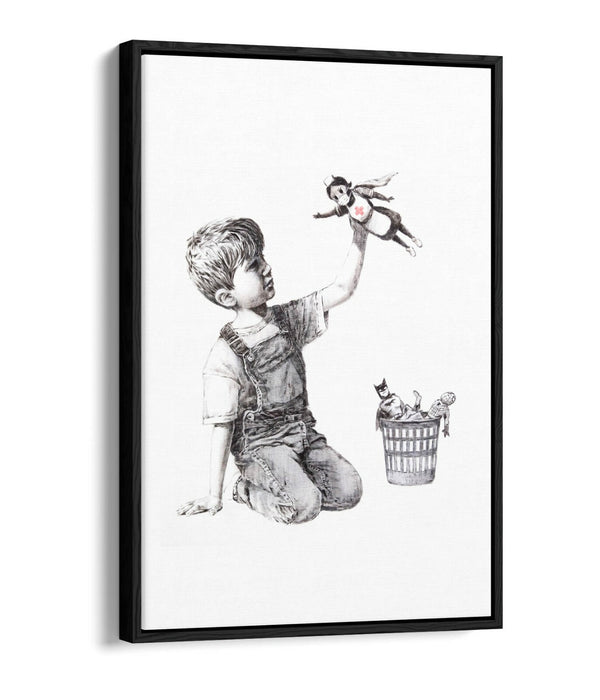 BANKSY SUPER HERO NURSE -FLOAT EFFECT CANVAS WALL ART PIC PRINT- GREY