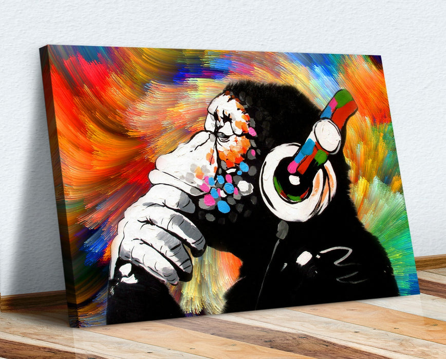 MONKEY DJ BANKSY COLOURFUL SWIRL CANVAS STREET WALL ART PRINT ARTWORK - GORILLA