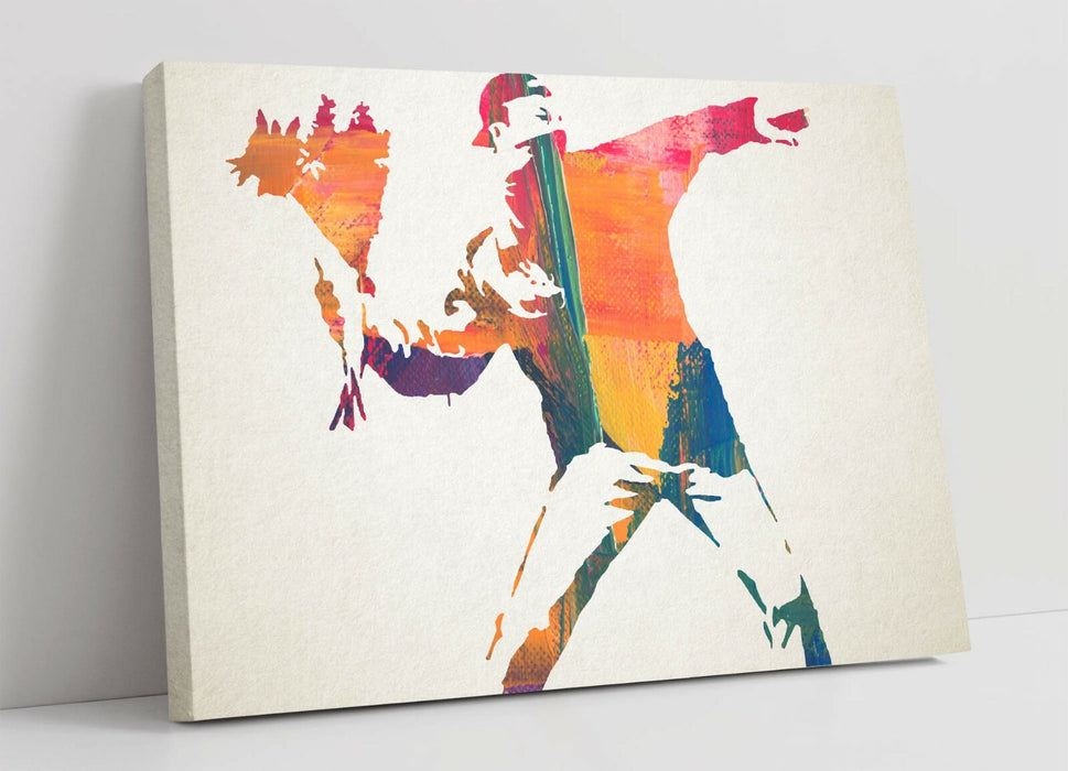 BANKSY, FLOWER THROWER RAINBOW PAINT -CANVAS WALL ART PRINT ARTWORK FRAMED