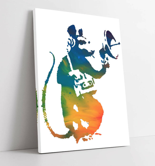 BANKSY, RADAR RAT RAINBOW ART -CANVAS WALL ART PRINT ARTWORK FRAMED