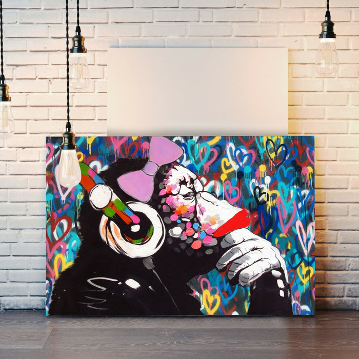 MONKEY DJ BANKSY STYLE LOVE WALL CANVAS STREET WALL ART PRINT - FEMALE GORILLA