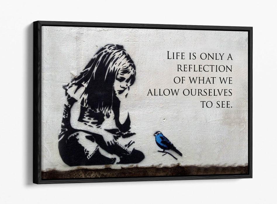 BANKSY LITTLE GIRL BLUE BIRD QUOTE -FLOAT EFFECT CANVAS WALL ART PIC PRINT-