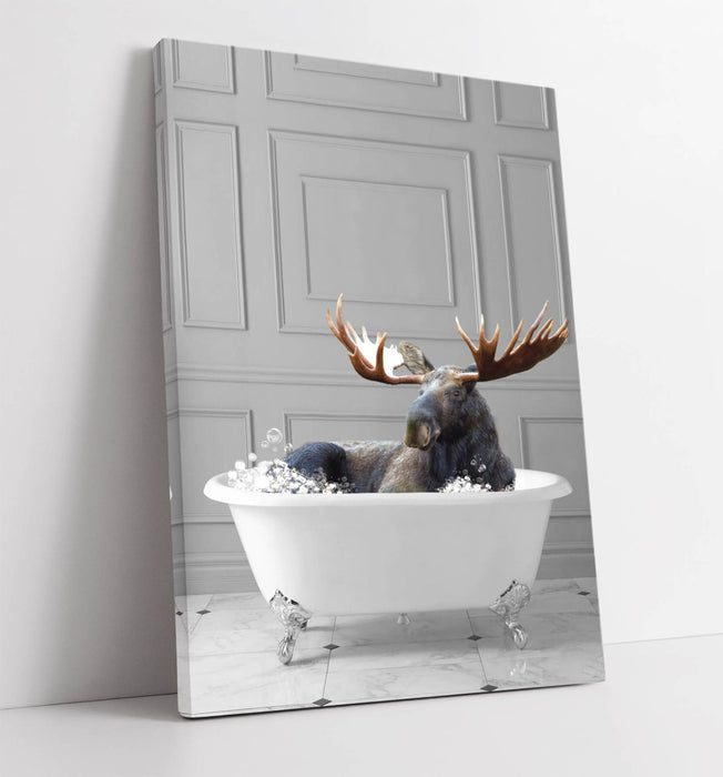 MOOSE IN BATHTUB -QUIRKY CANVAS WALL ART PRINT ARTWORK ANIMAL FRAMED BATHROOM