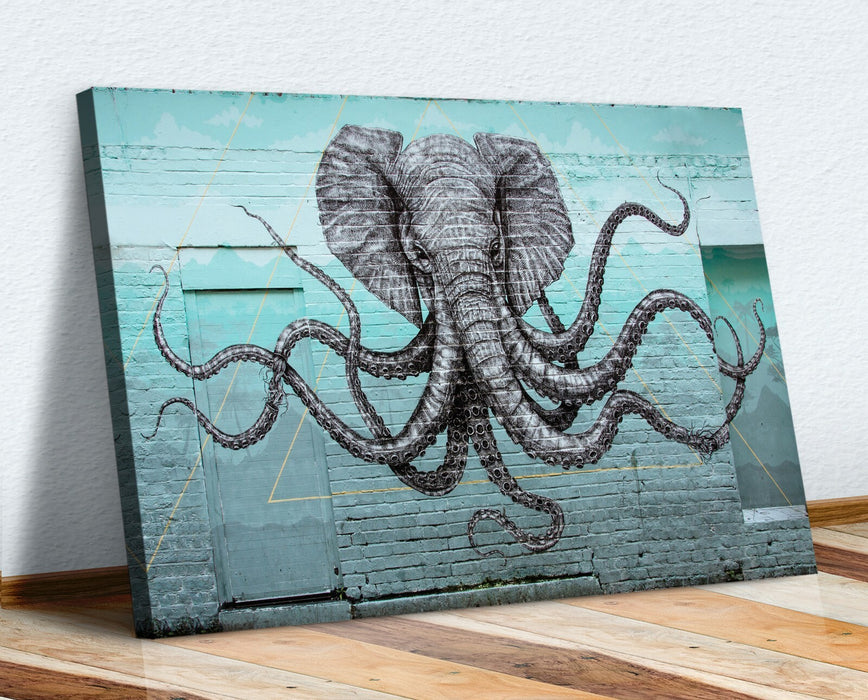 ELEPHANT OCTOPUS GRAFFITI CANVAS WALL ART PRINT ARTWORK FRAMED TEAL TURQUOISE