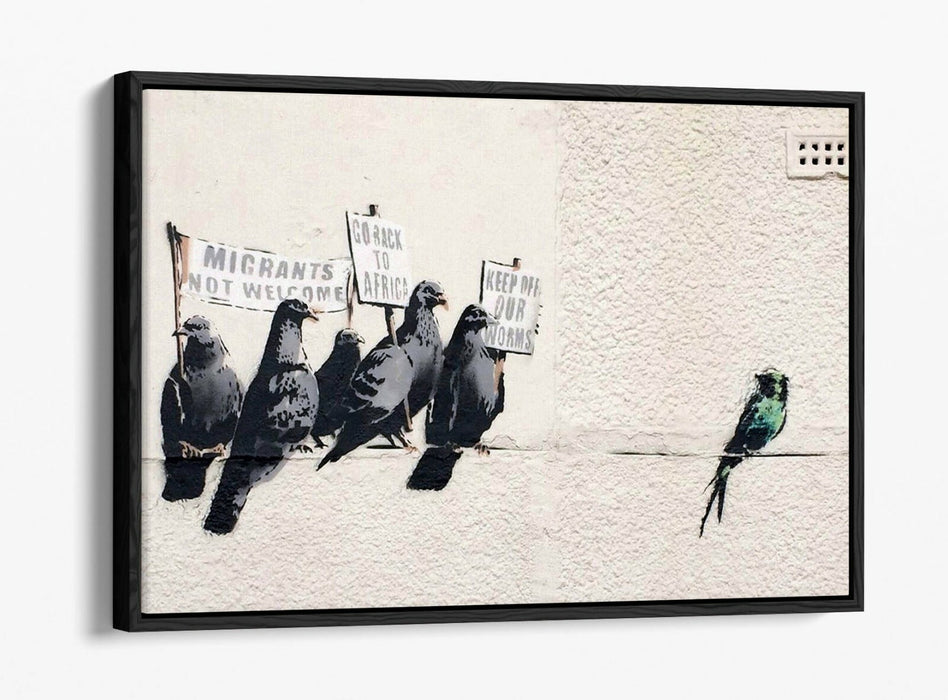 BANKSY RACIST PIGEONS -FLOAT EFFECT CANVAS WALL ART PIC PRINT- BEIGE GREEN WHITE
