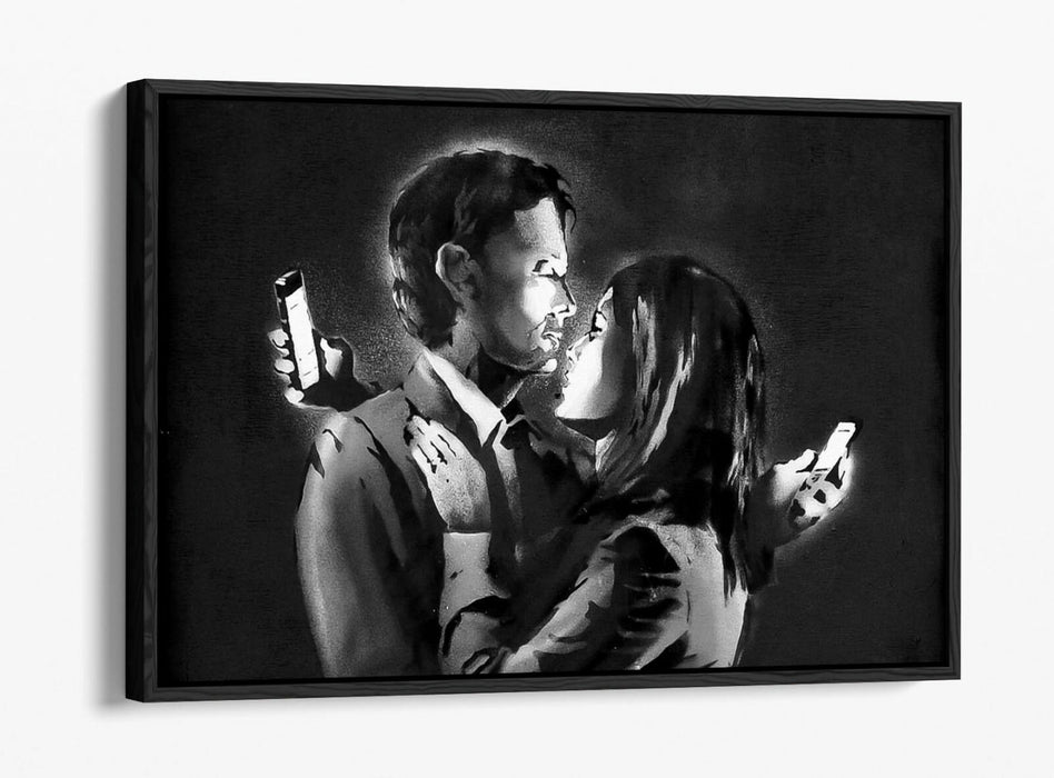 BANKSY MOBILE LOVERS FLOAT EFFECT CANVAS WALL ART PIC PRINT GRAFFITI- GREY WHITE