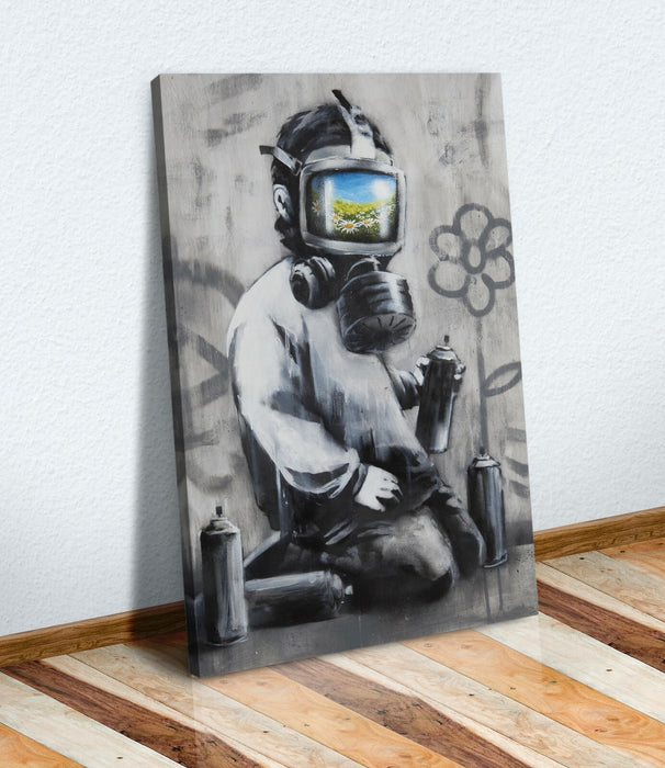 BANKSY GAS MASK BOY CANVAS WALL STREET ART PRINT GRAFFITI ARTWORK FRAMED