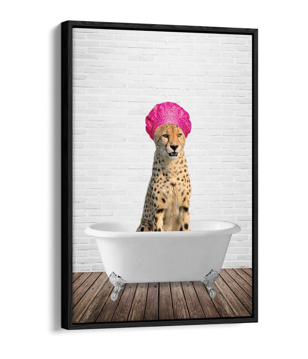 FUNNY CHEETAH IN BATHTUB -QUIRKY BATHROOM FLOAT EFFECT CANVAS WALL ART PIC PRINT