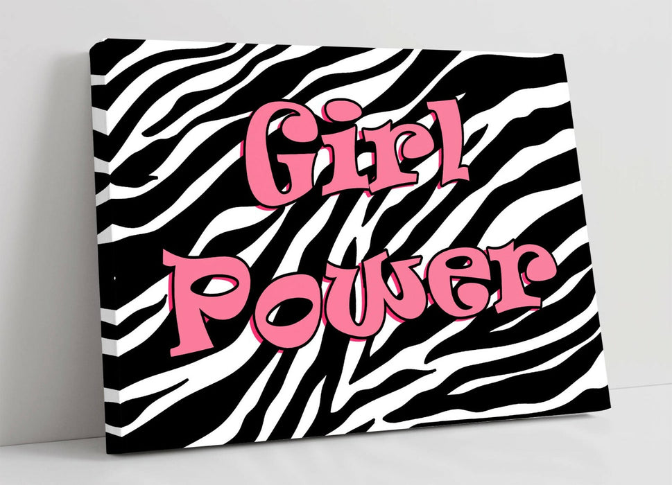 "GIRL POWER" FUNKY Y2K FEMINIST QUOTE ZEBRA -CANVAS WALL ART PICTURE PRINT- PINK