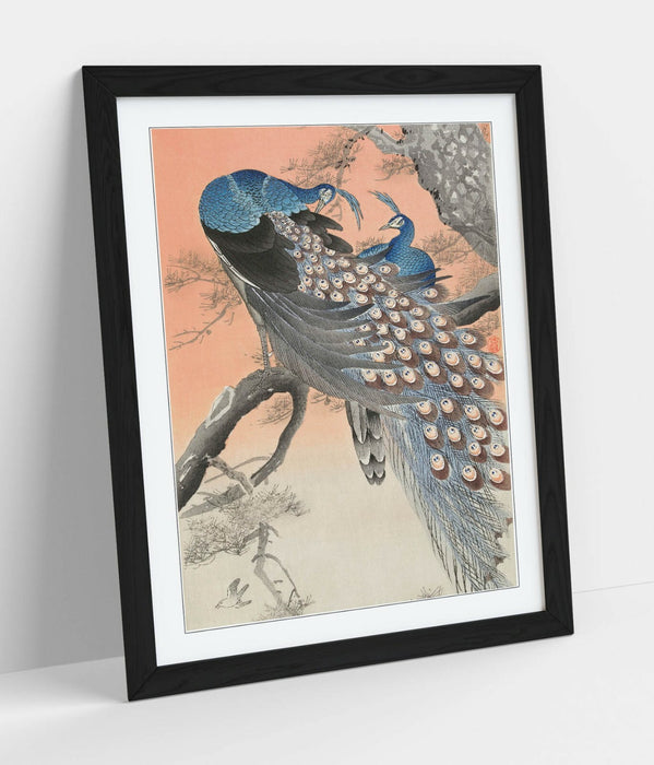 OHARA KOSON, TWO PEACOCKS ON TREE BRANCH -FRAMED STREET ART POSTER PICTURE PRINT