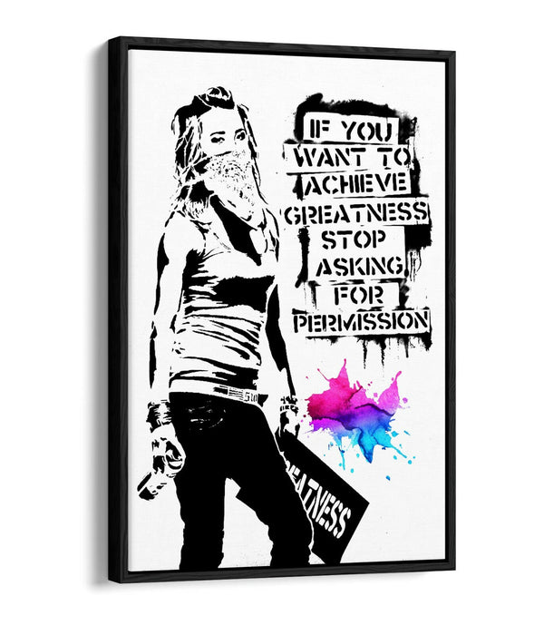 BANKSY ACHIEVE GREATNESS -FLOAT EFFECT CANVAS WALL ART PIC PRINT GRAFFITI- BLACK
