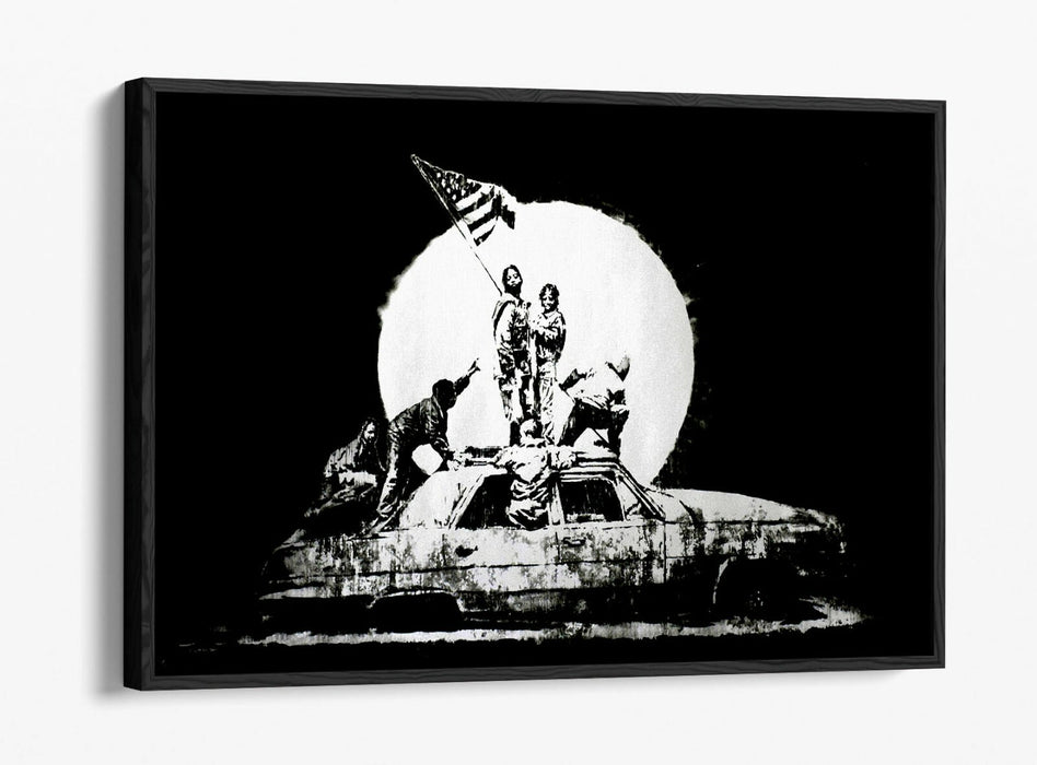 BANKSY FLAGS -FLOAT EFFECT CANVAS WALL ART PIC PRINT- BLACK & WHITE