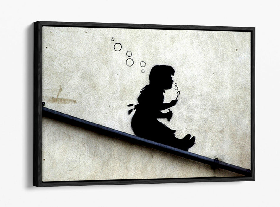 BANKSY GIRL SLIDE -FLOAT EFFECT CANVAS WALL ART PIC PRINT- BLACK & WHITE