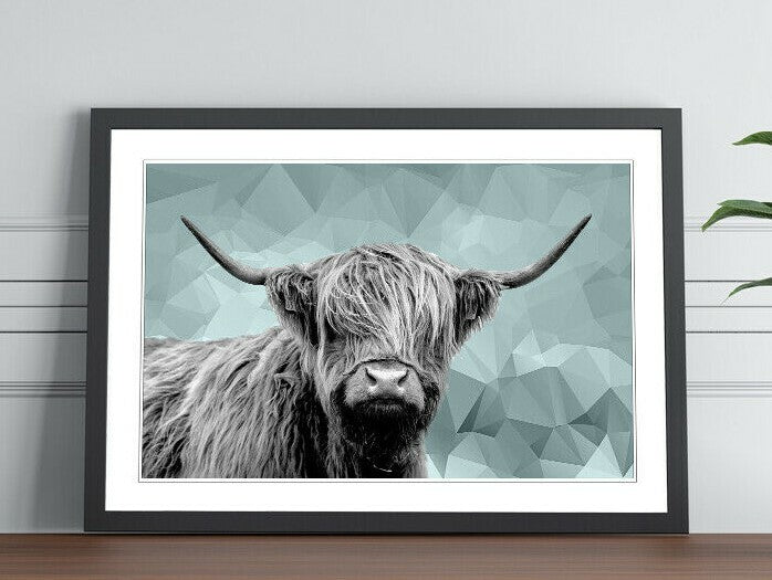 HIGHLAND COW BLACK AND WHITE DUCK EGG BLUE GEO FRAMED POSTER WALL ART PRINT