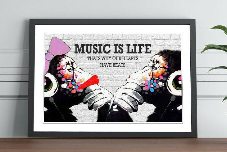 MONKEY DJ BANKSY MUSIC IS LIFE STREET WALL FRAMED ART PRINT ARTWORK 4 SIZES