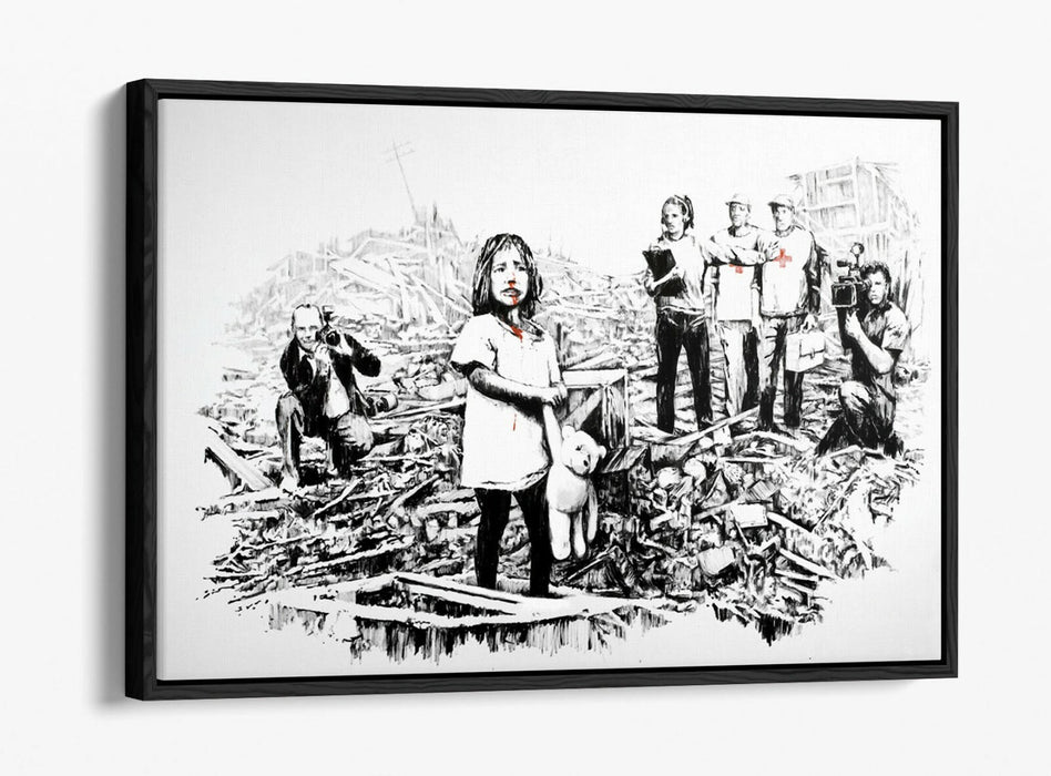 BANKSY MEDIA -FLOAT EFFECT CANVAS WALL ART PIC PRINT- BLACK & WHITE
