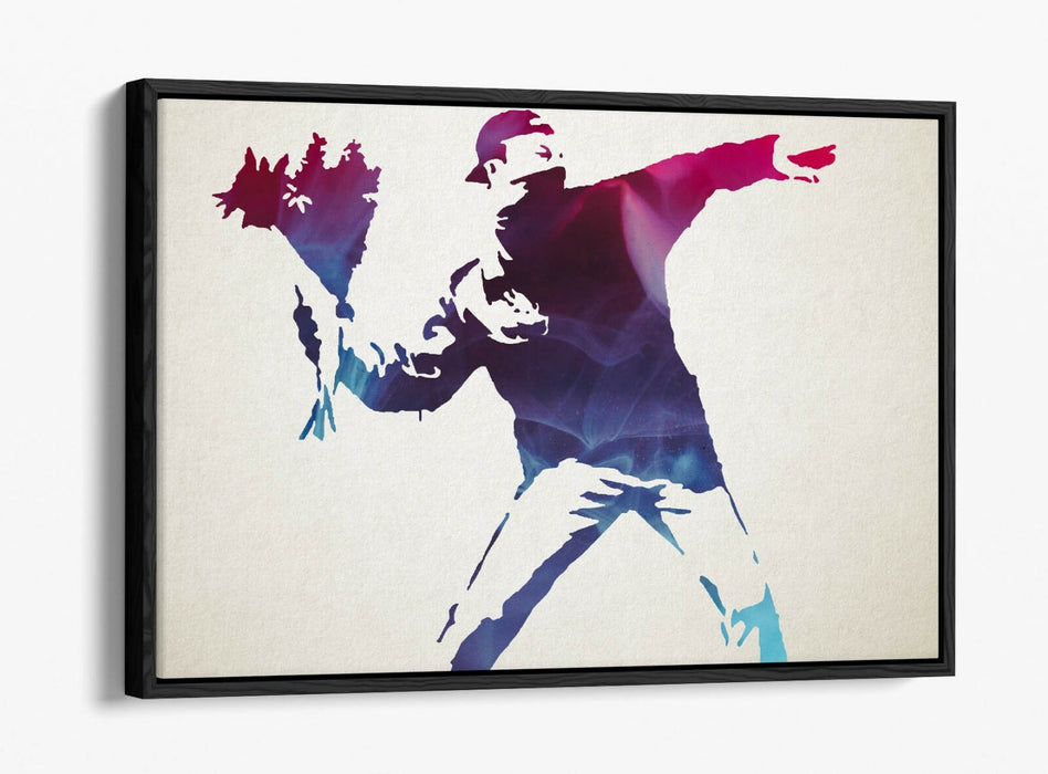 BANKSY, FLOWER THROWER PURPLE -FLOAT EFFECT CANVAS WALL ART PRINT