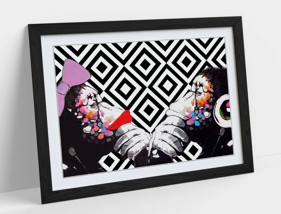 BANKSY DJ MONKEY THINKERS DUO -FRAMED POSTER WALL ART PRINT ARTWORK- BLACK WHITE
