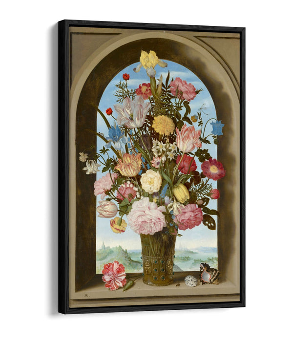 AMBROSIUS BOSSCHAERT, FLOWERS IN A WINDOW-FLOAT EFFECT CANVAS WALL ART PIC PRINT