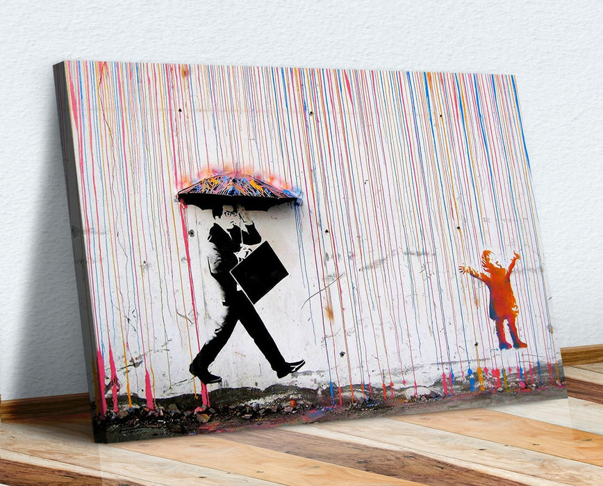 COLOURED RAIN CANVAS WALL ART PICTURE PRINT - STREET ART BANKSY STYLE