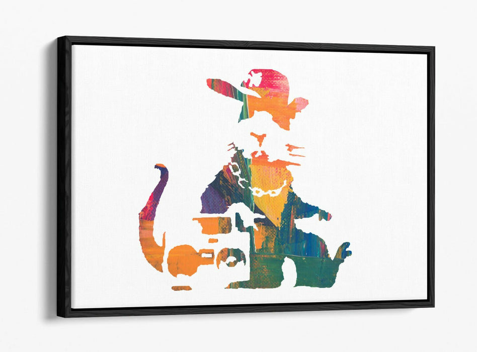 BANKSY, GANGSTA RAT RAINBOW PAINT EFFECT ART -FLOAT EFFECT CANVAS WALL ART PRINT