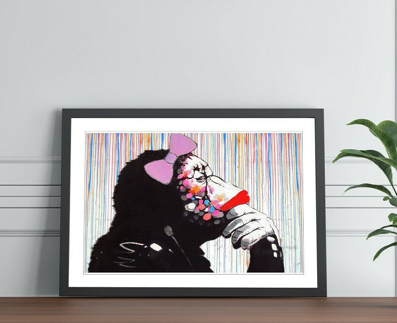MONKEY DJ BANKSY STREET ART FRAMED POSTER PICTURE PRINT ARTWORK RAIN FEMALE