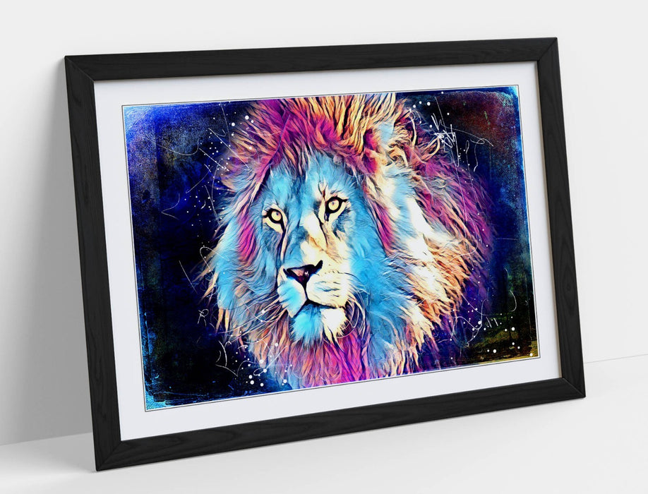 PURPLE BLUE LION SKETCH BLACK BACKGROUND -FRAMED ART POSTER PICTURE PRINT