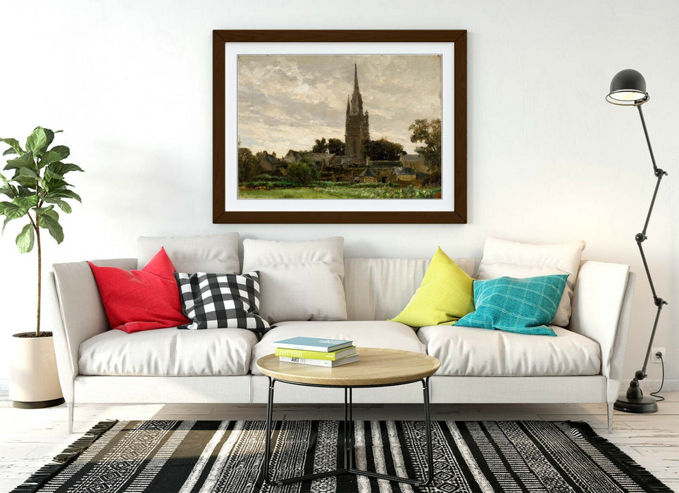 Framed Art Print - Church Tower Artwork With Wood Grain Frame | Handmade UK Art