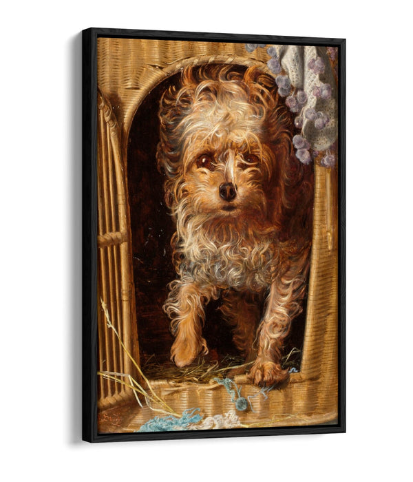 FREDERICK SANDYS, DARBY IN HIS BASKET KENNEL -FLOAT EFFECT CANVAS WALL ART PRINT