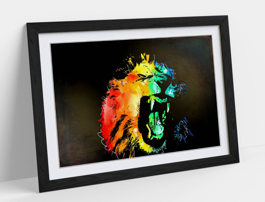 MULTI COLOUR LION SKETCH BLACK BACKGROUND -FRAMED ART POSTER PICTURE PRINT